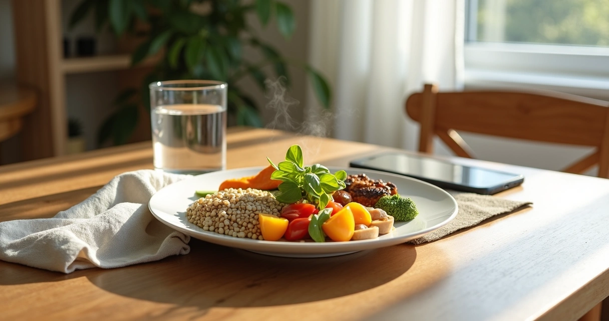 Simple healthy meal set on a calm dining table 