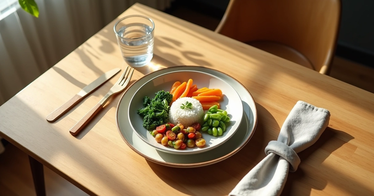 Calm dining table with a plated meal and hands resting nearby