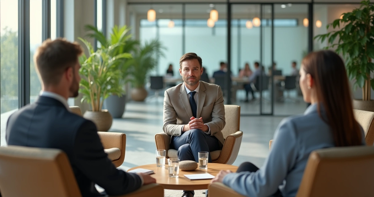 Calm mediator leading a mindful dialogue in a modern office circle 