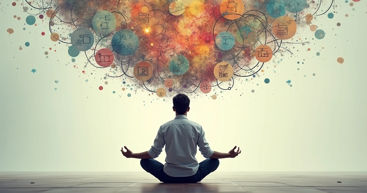 Person meditating surrounded by tangled thought bubbles