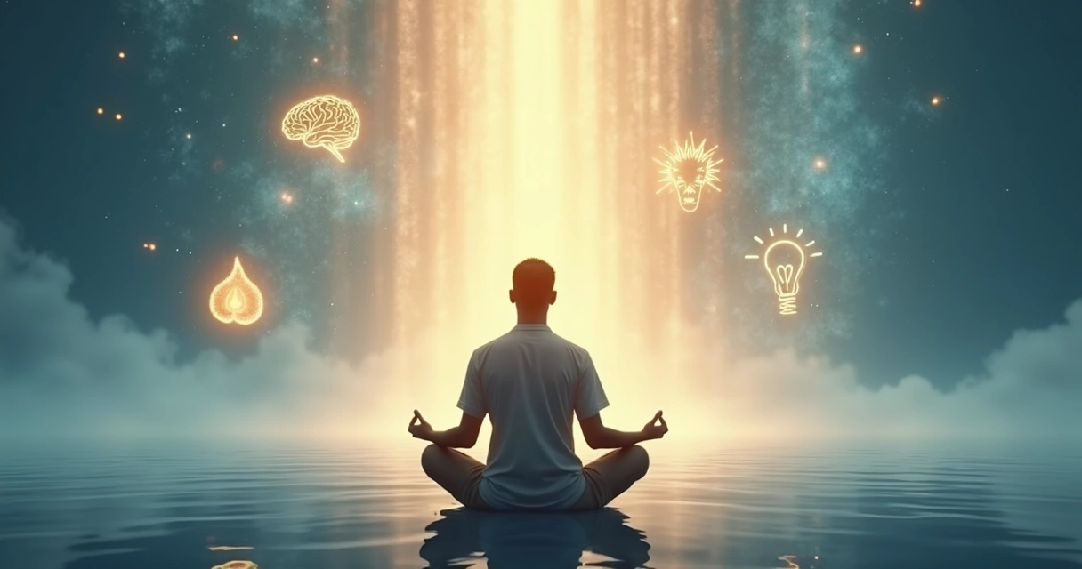 Person practicing meditation with symbols representing mind, emotion, and purpose