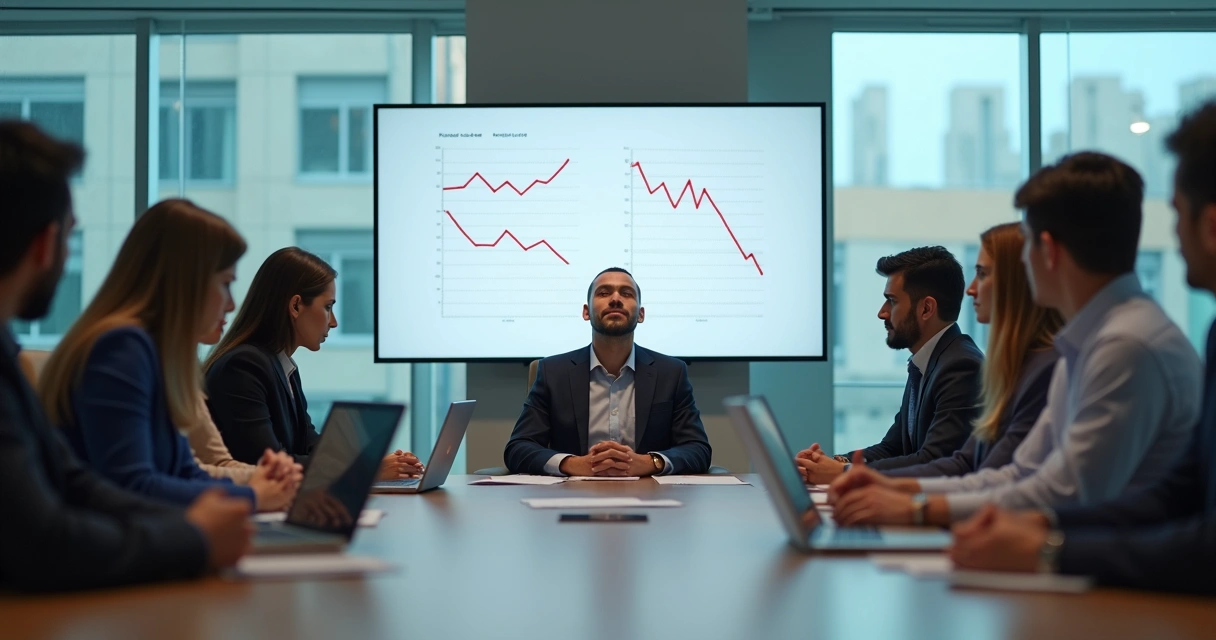 Professional holding a grounded posture and deep breathing during a stressful meeting 