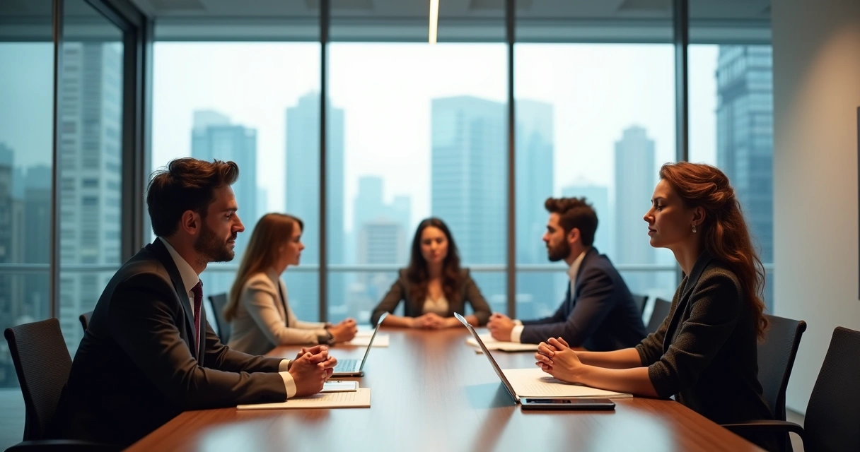 Group of professionals in a meeting room practicing mindfulness 
