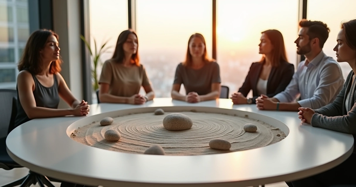 Team in a glass meeting room with a sand circle table practicing a mindful pause 