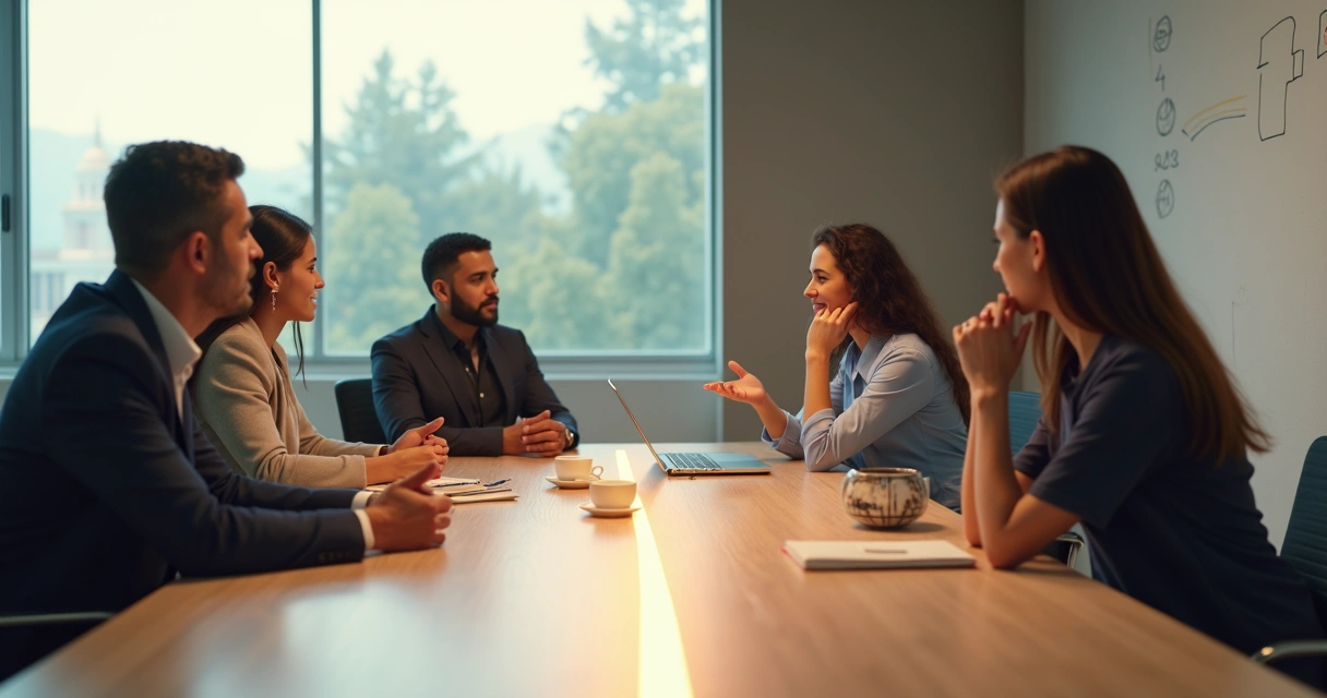 Team in meeting room with flowing light path connecting their conversation 