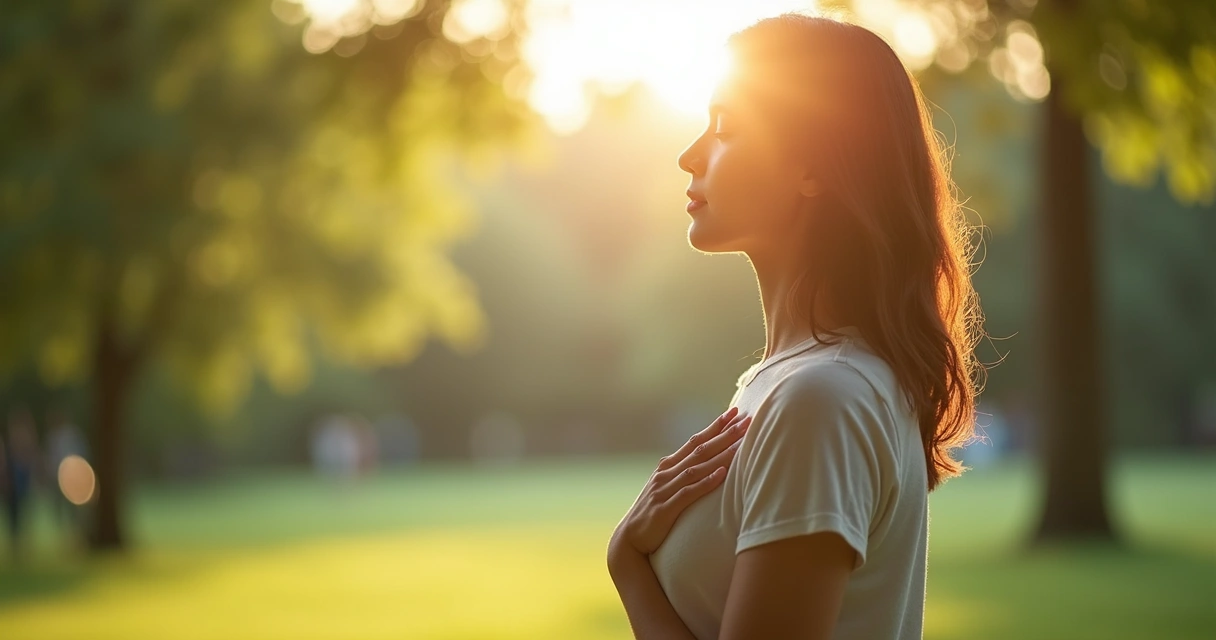 Person standing quietly in sunlight with relaxed posture, hand on chest, green park background 