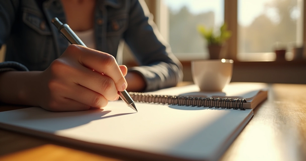 Person writing in a journal with sunlight through a window 