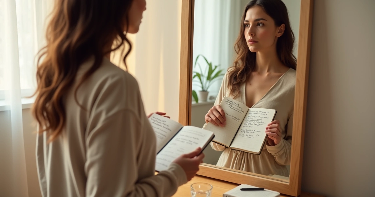 Person doing a calm morning self-reflection in front of a mirror 