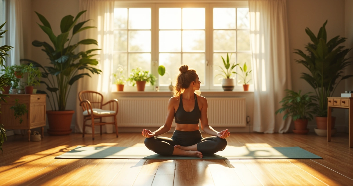 Woman doing gentle stretches on a yoga mat in a sunlit living room with green plants 