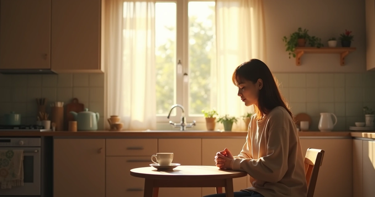 Person sitting quietly with closed eyes at a kitchen table in morning light 