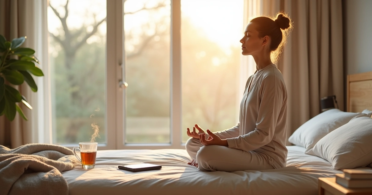 Person practicing a calm mindful morning routine by a bright bedroom window 