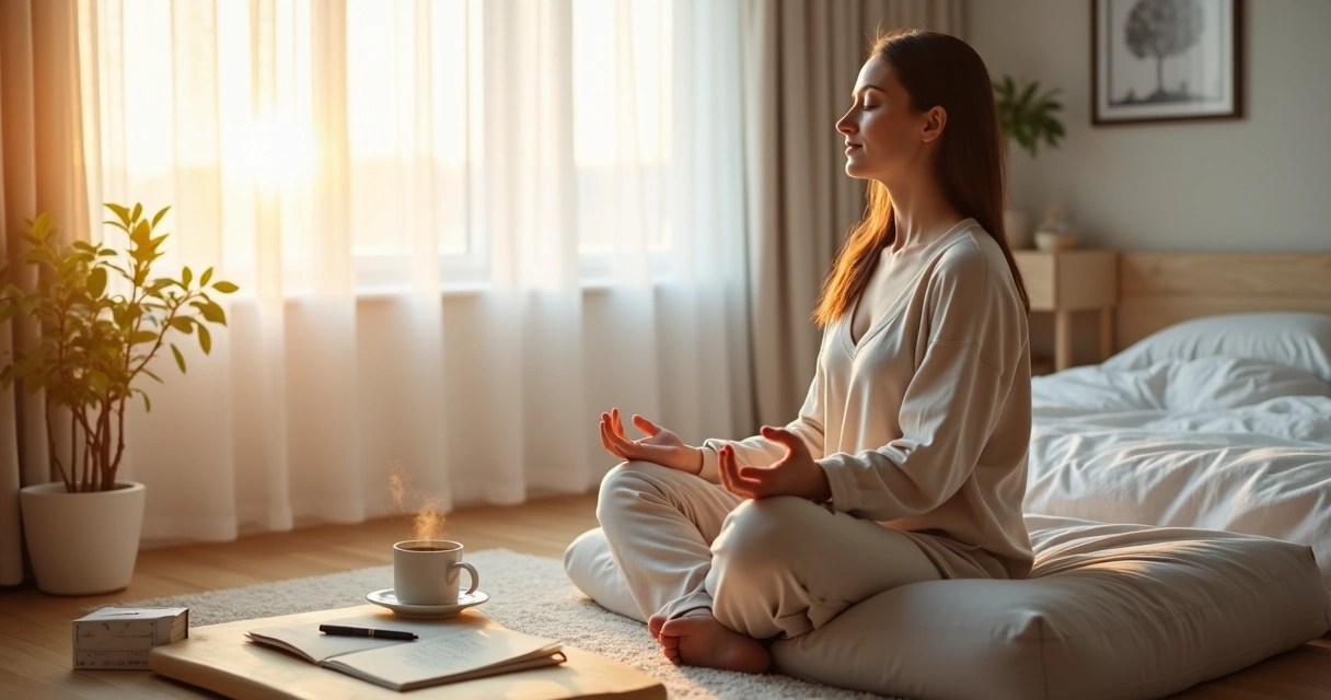 Person meditating by a bright window with journal and tea on a calm morning 