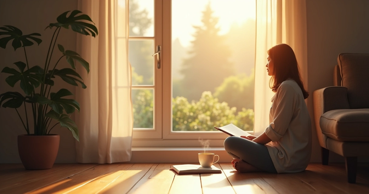 Person sitting by window in morning light practicing self-reflection 