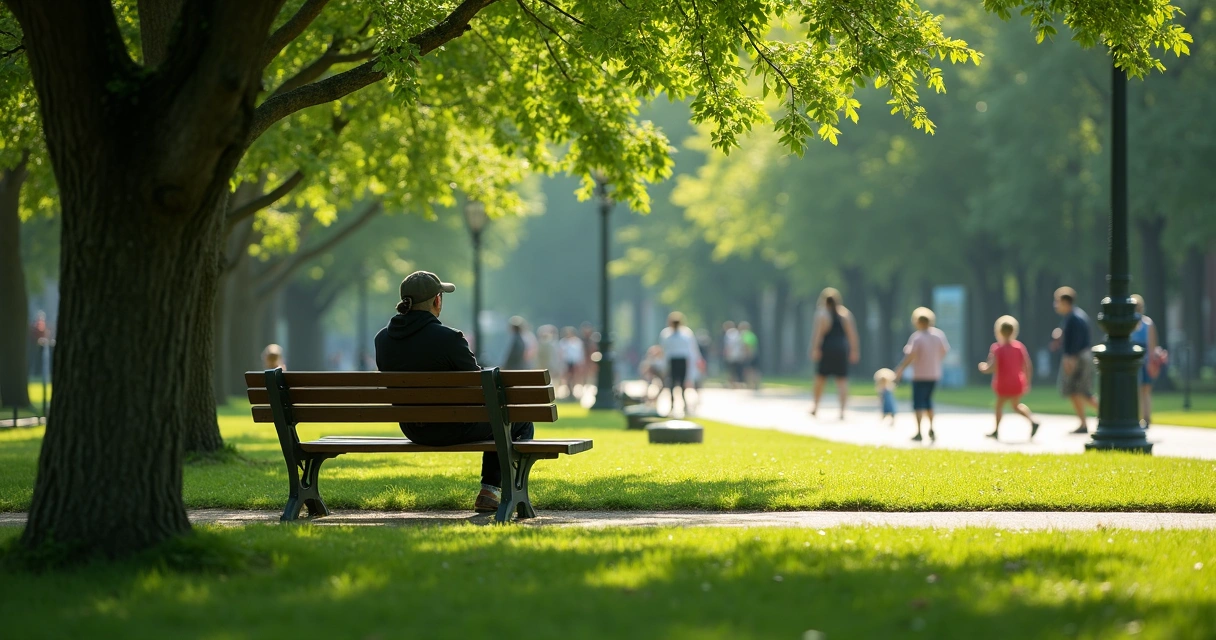 Person sitting on park bench observing people and nature in sunlight