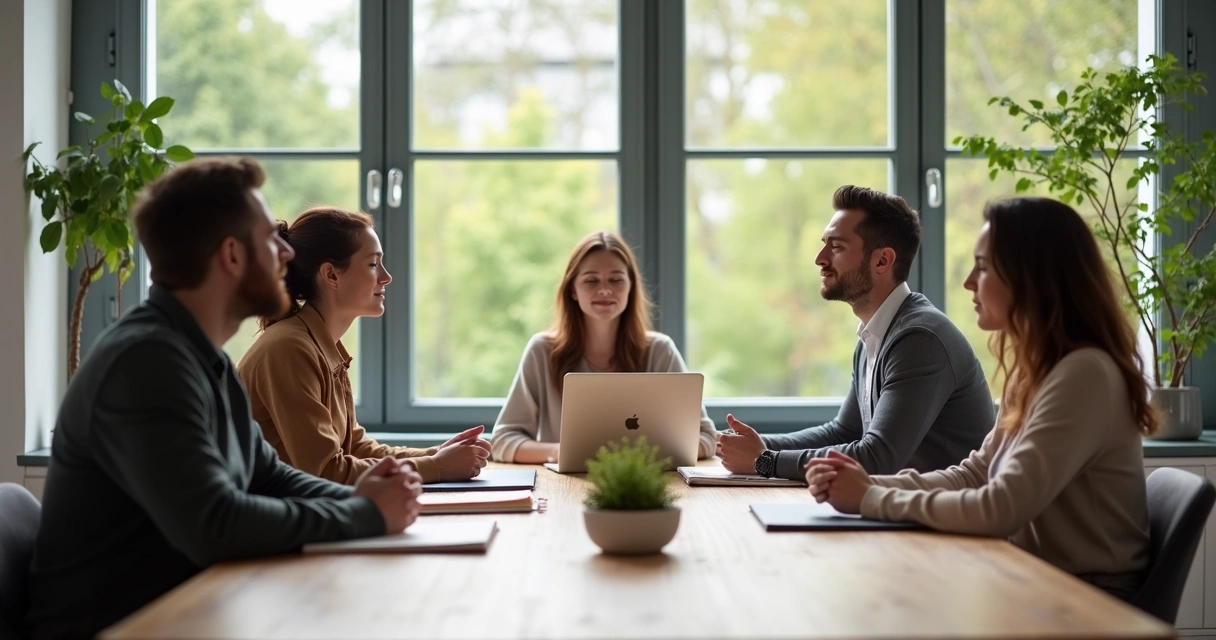 Team in a modern office sitting together in a meeting, some with eyes closed 