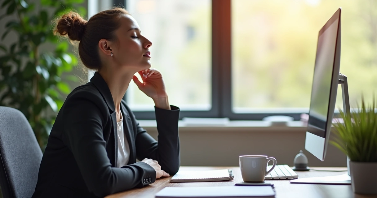 Person at a desk pausing, with a cup of coffee and a notebook 