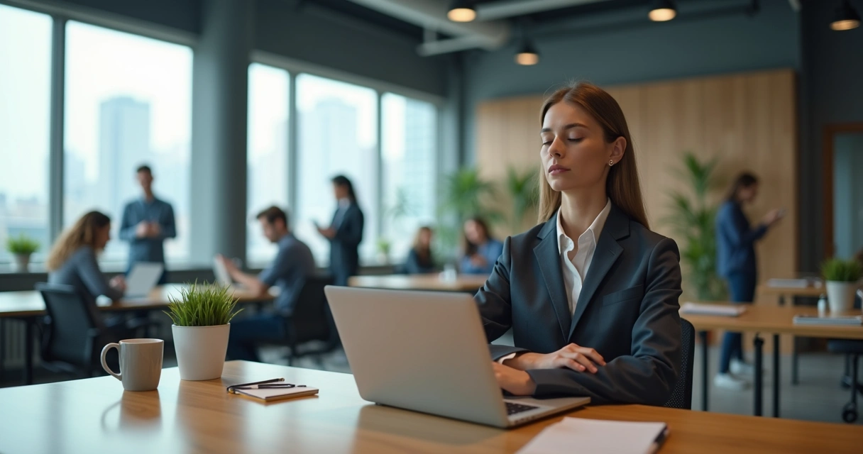 Professional taking a mindful pause at a modern office desk 