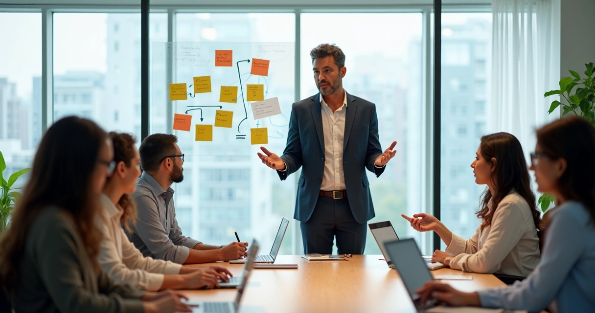 Team meeting with leader practicing calm mindful communication during organizational change 