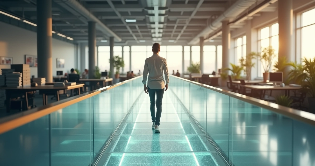 Calm professional walking across a glowing bridge between two contrasting office spaces 