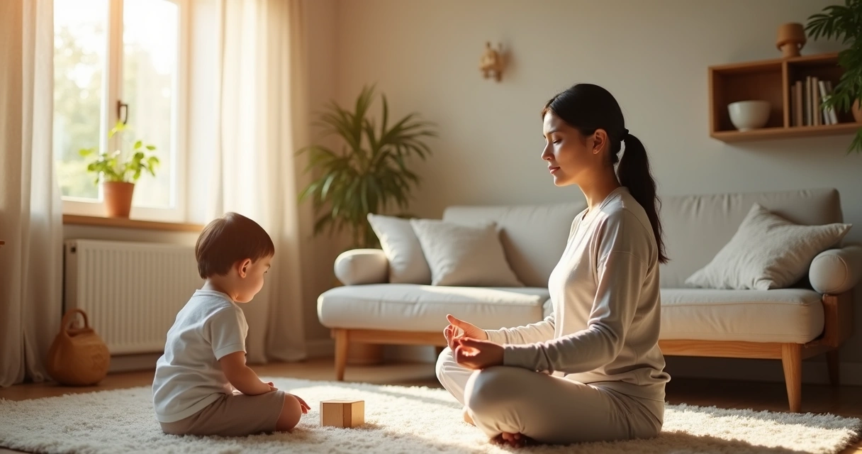 Parent meditating on floor with child nearby in calm living room 