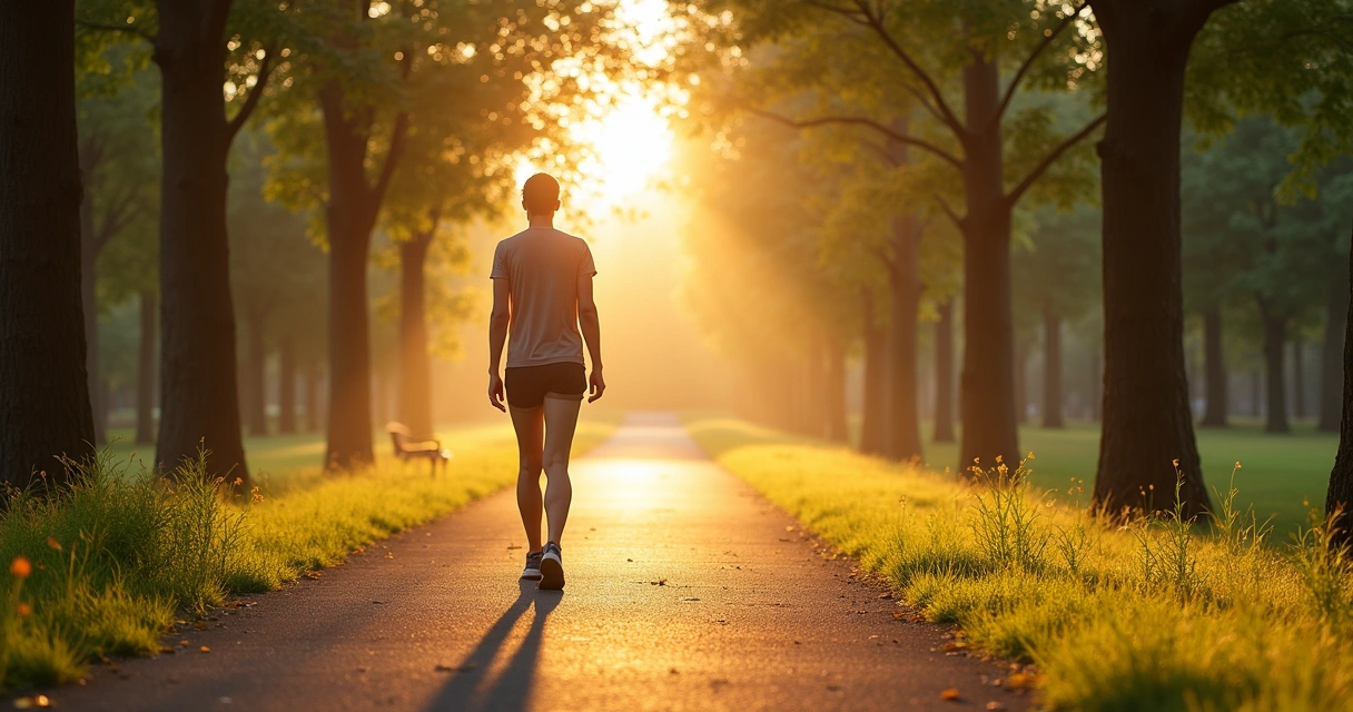 Person walking mindfully on a tree-lined path at sunrise