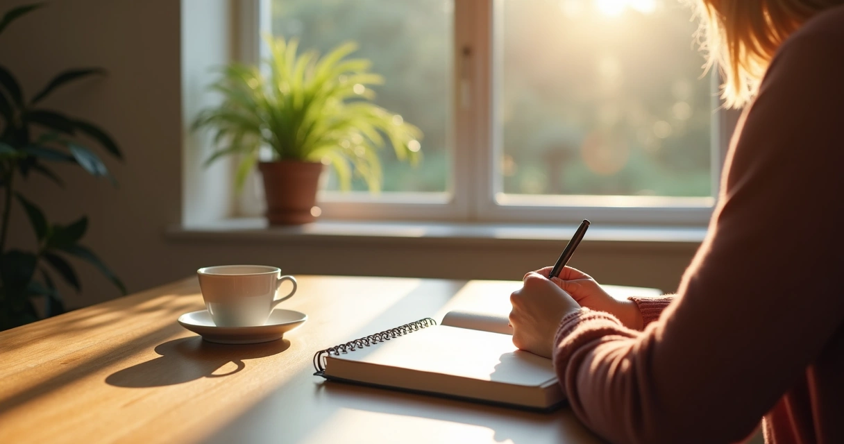 A person writing in a journal with sunlight shining through a window, focused and calm 
