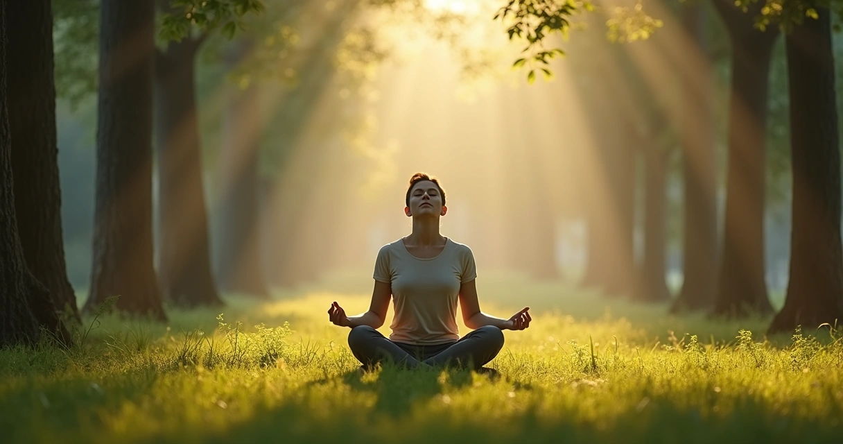Person meditating in nature with light and trees