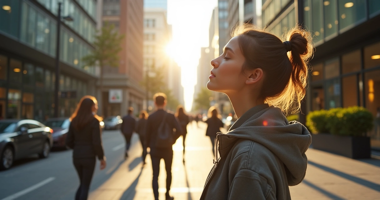 Person standing calmly in a busy street scene 