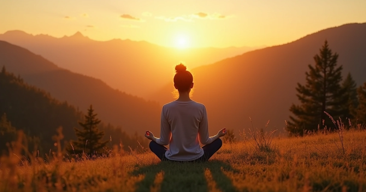 Person sitting on a hill at sunset, quietly practicing mindfulness 