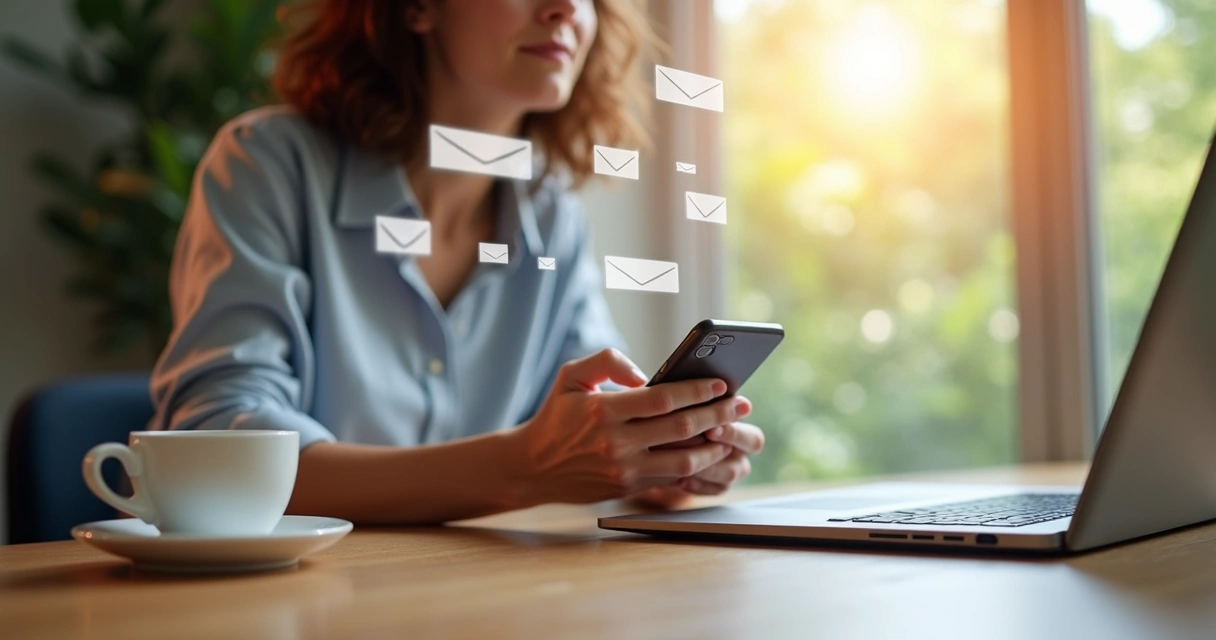 Person sitting peacefully at a table, holding a smartphone, surrounded by digital icons fading into the background 