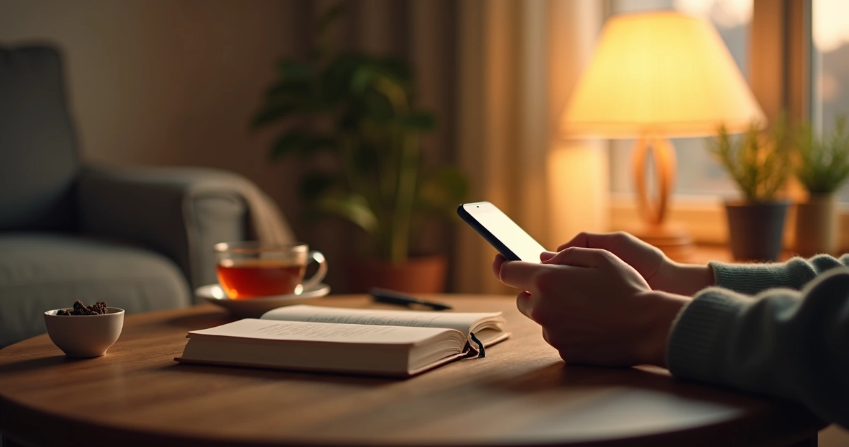 Person placing a smartphone on a table beside a journal and a cup of tea 