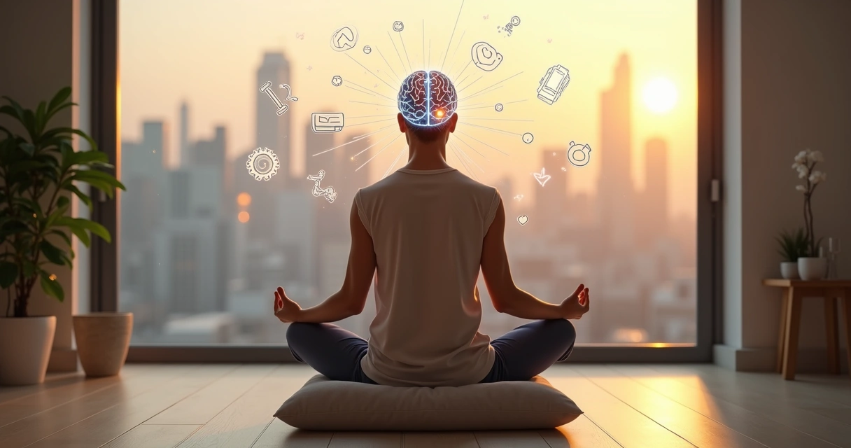 Person meditating in a city apartment with glowing neural pathways and habit icons around the brain 