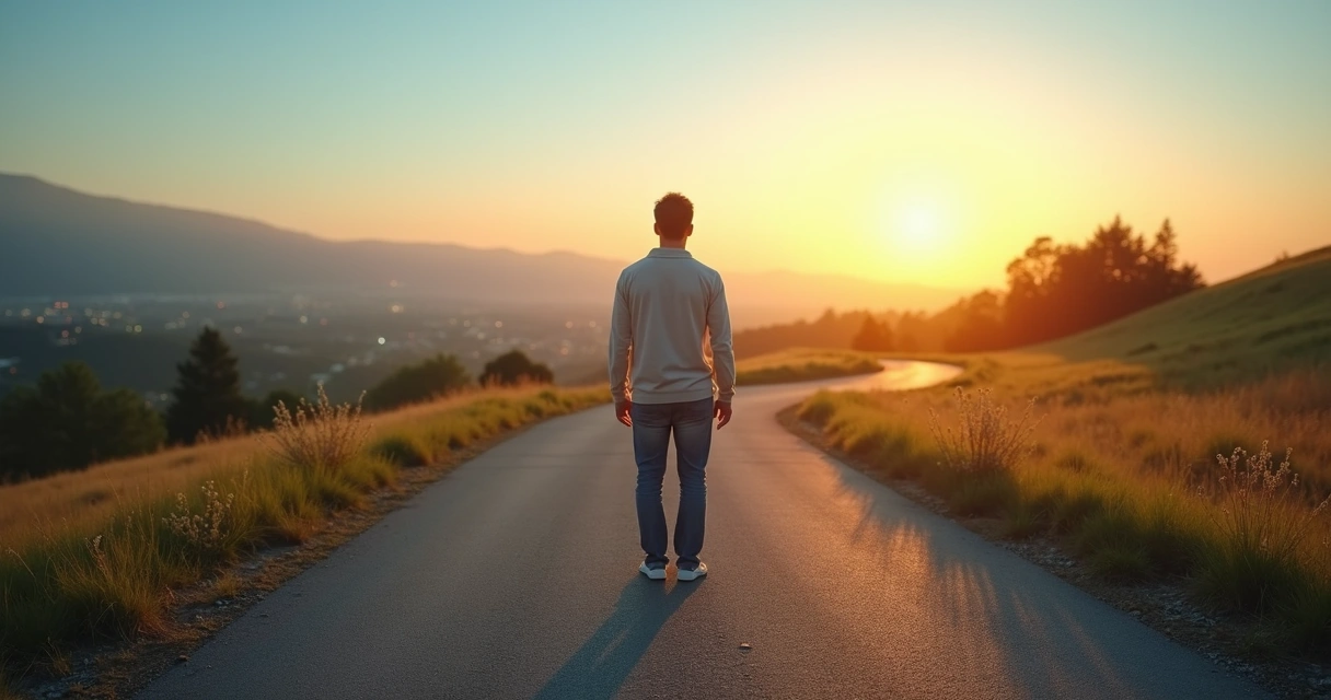 Person choosing a mindful path at a crossroads surrounded by natural landscape 