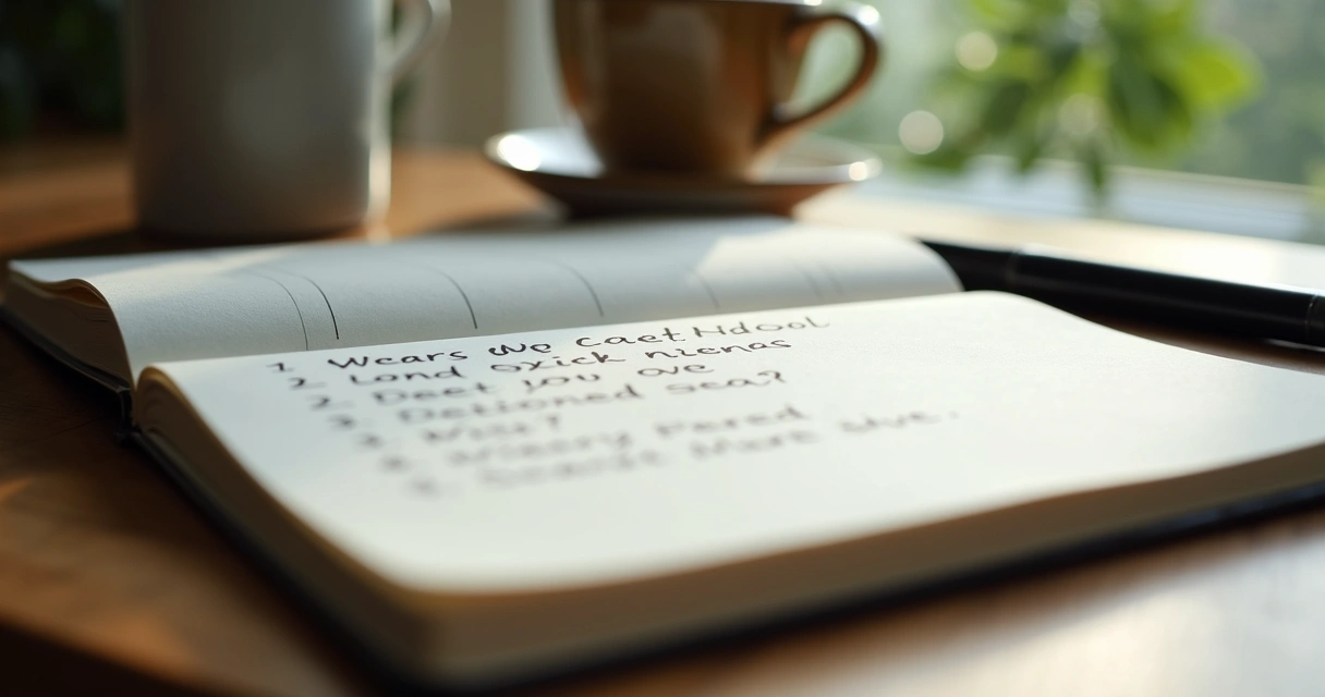 Notebook on a wooden desk with a list of mindful questions, pen nearby