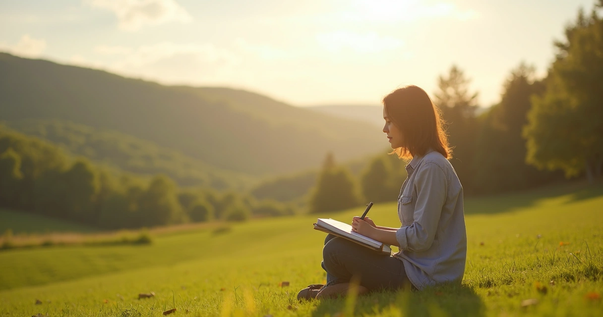 Person sitting in peaceful nature, journaling during self-reflection 