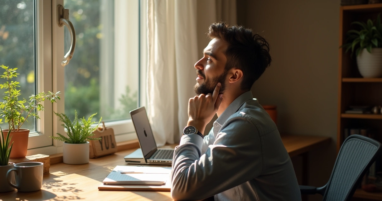 Person sitting at a desk reflecting with a notebook open 