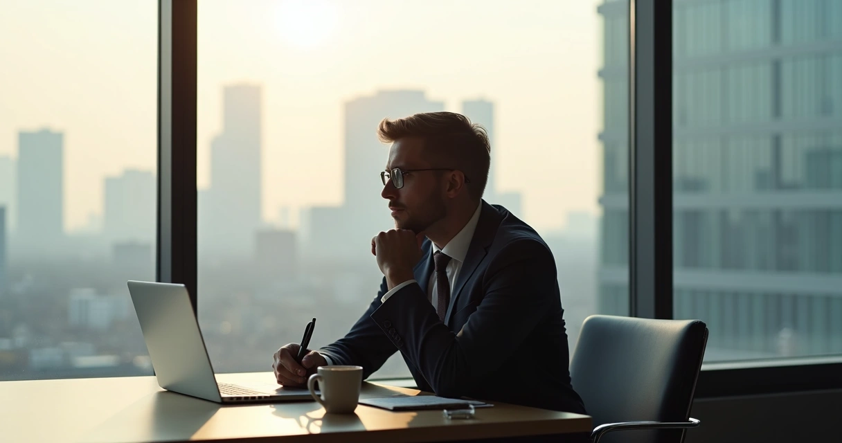 Business leader reflecting quietly in office with soft morning light