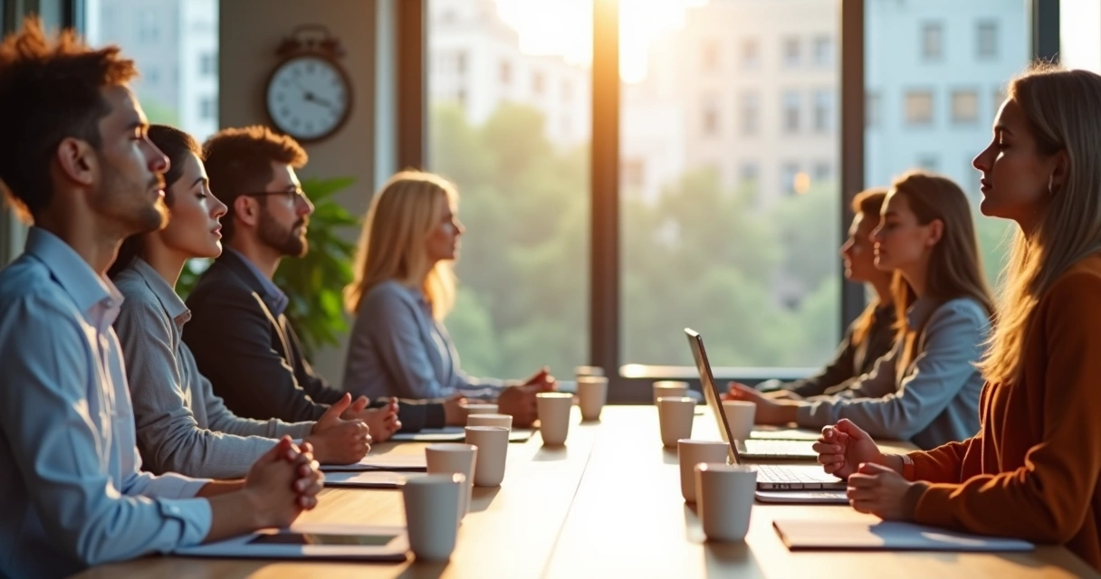 Colleagues in a meeting pausing for mindful reflection 