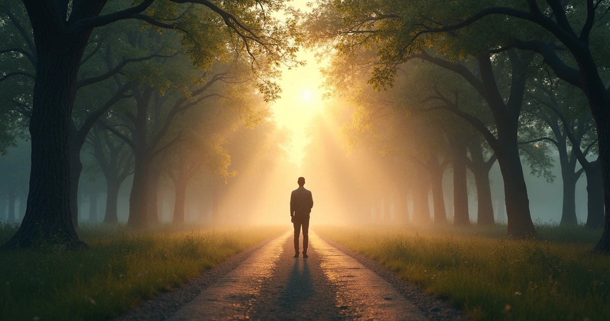 Person standing at a crossroads, pausing to reflect under soft morning light