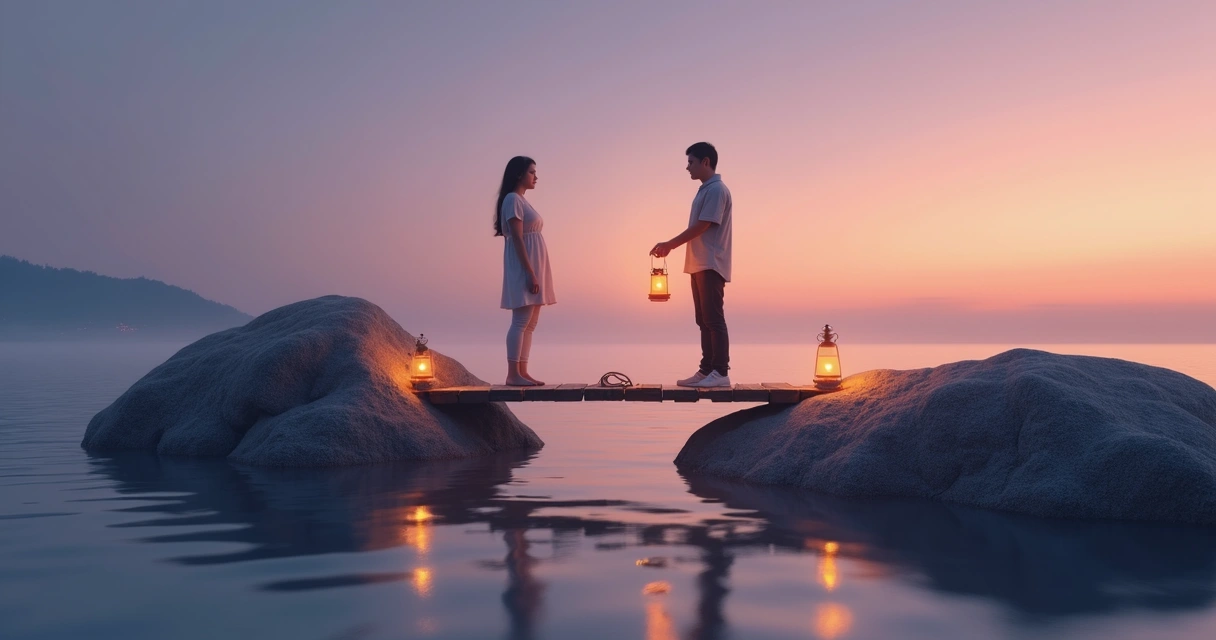 Two people meeting on a small bridge between separate islands at dusk 