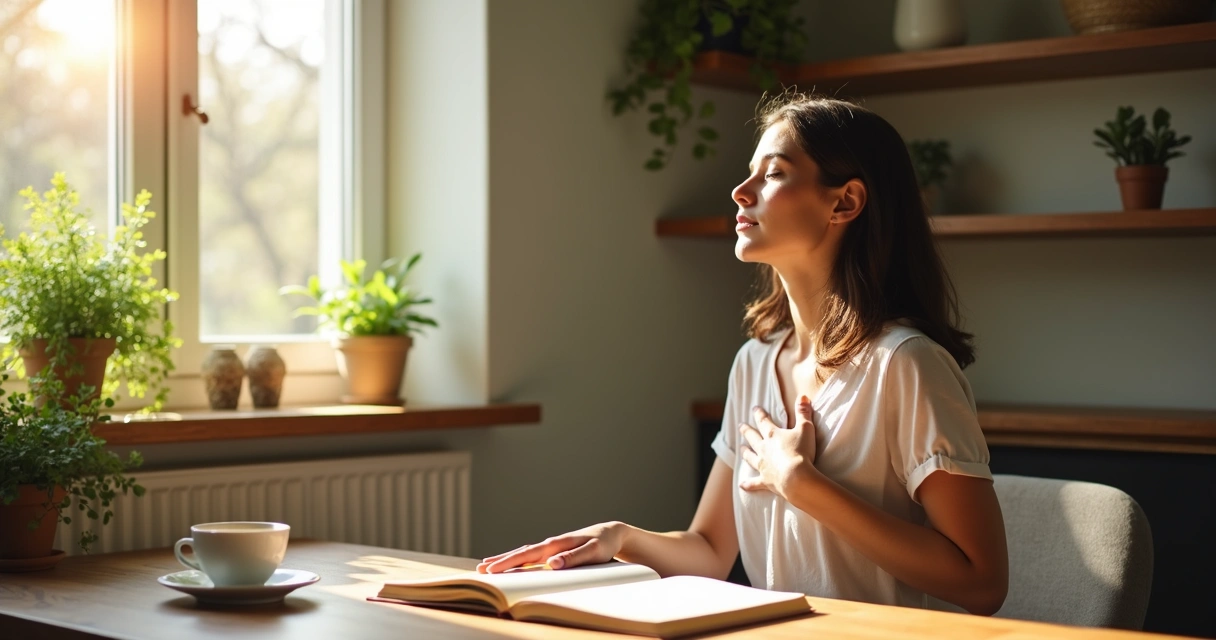 Person practicing mindful self-awareness at a desk, sunlight through window 