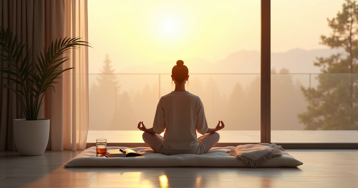 Person meditating by a window with notebook and sunrise light 