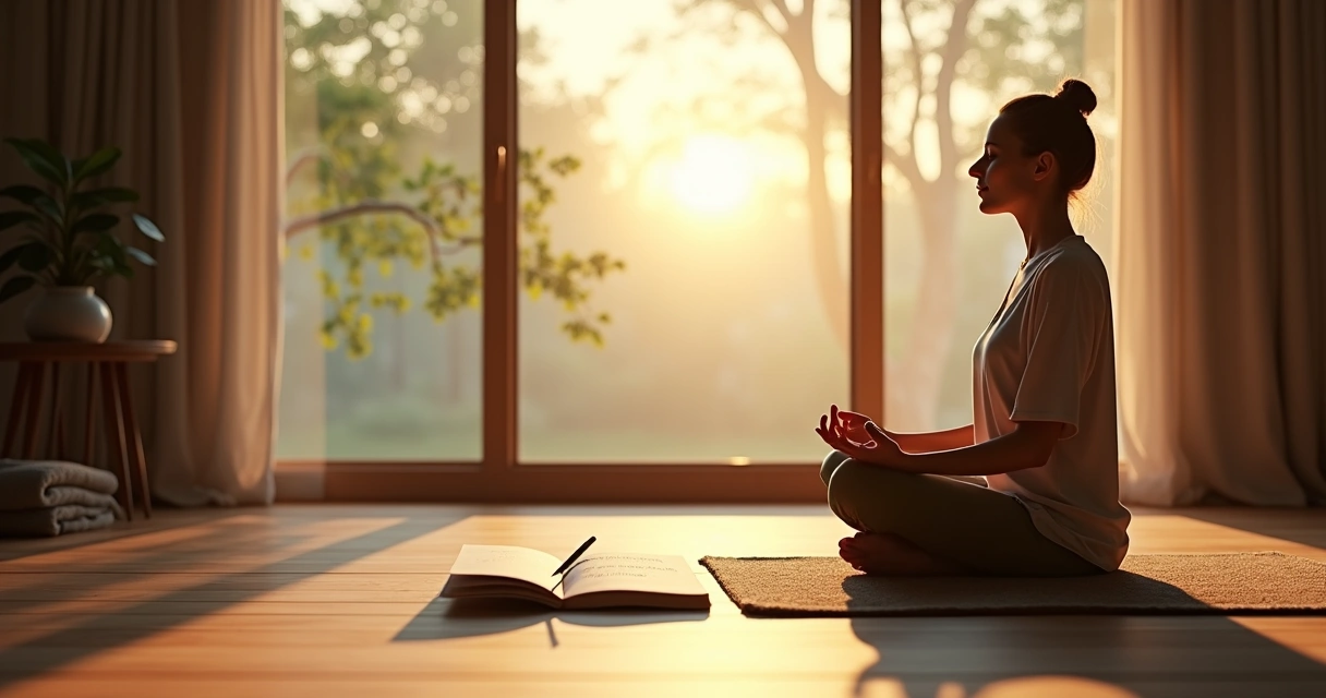 Person journaling and meditating by a window in soft morning light 