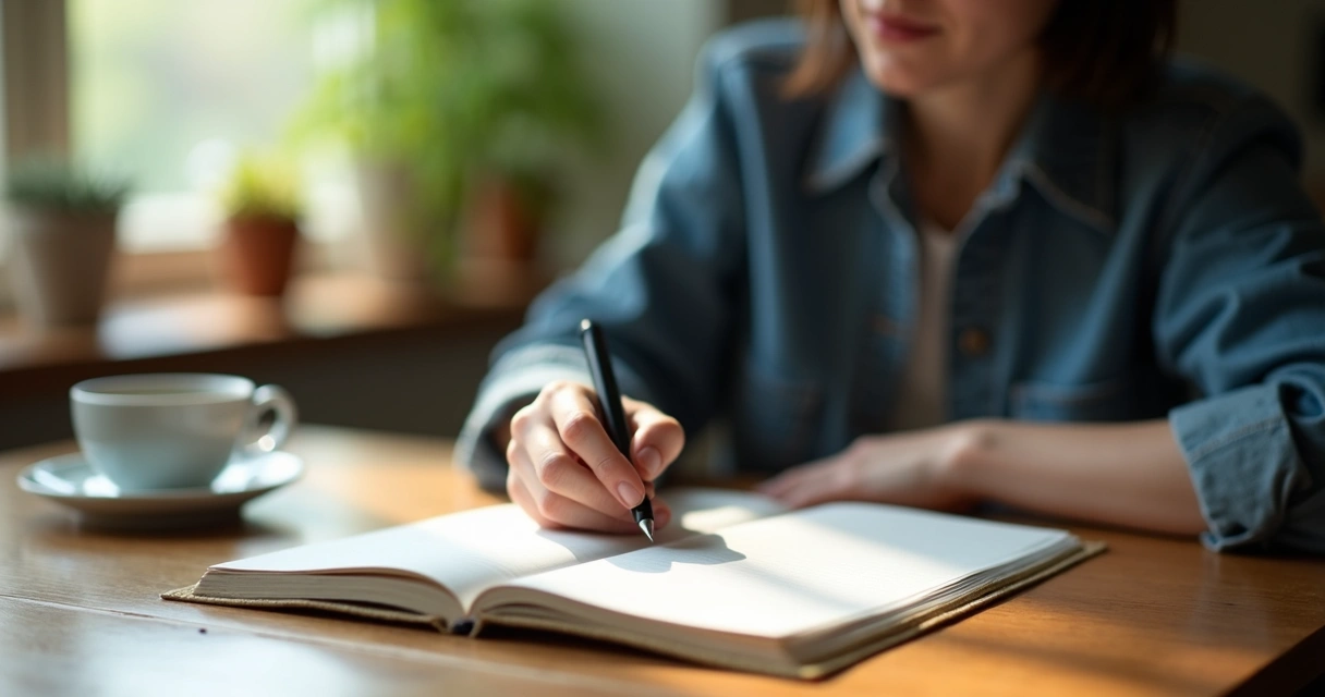 Closeup of person journaling while reflecting, calm natural light 