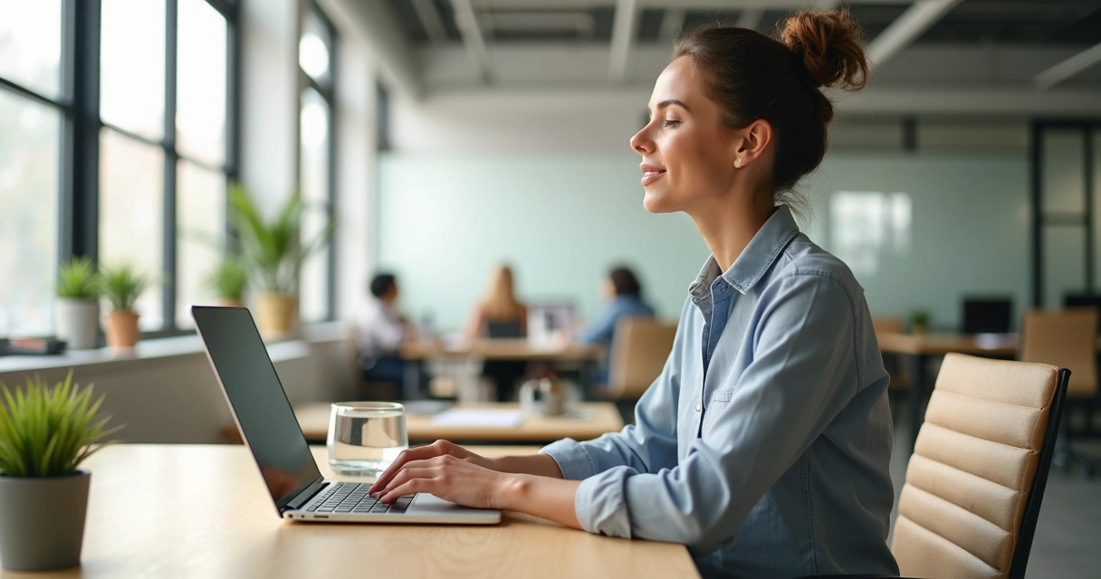 Professional at work desk pausing with eyes closed for mindful self-reflection 