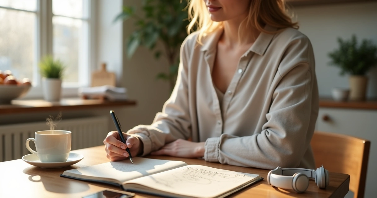 Person pausing thoughtfully at a kitchen table while writing in a journal beside a cup of tea 