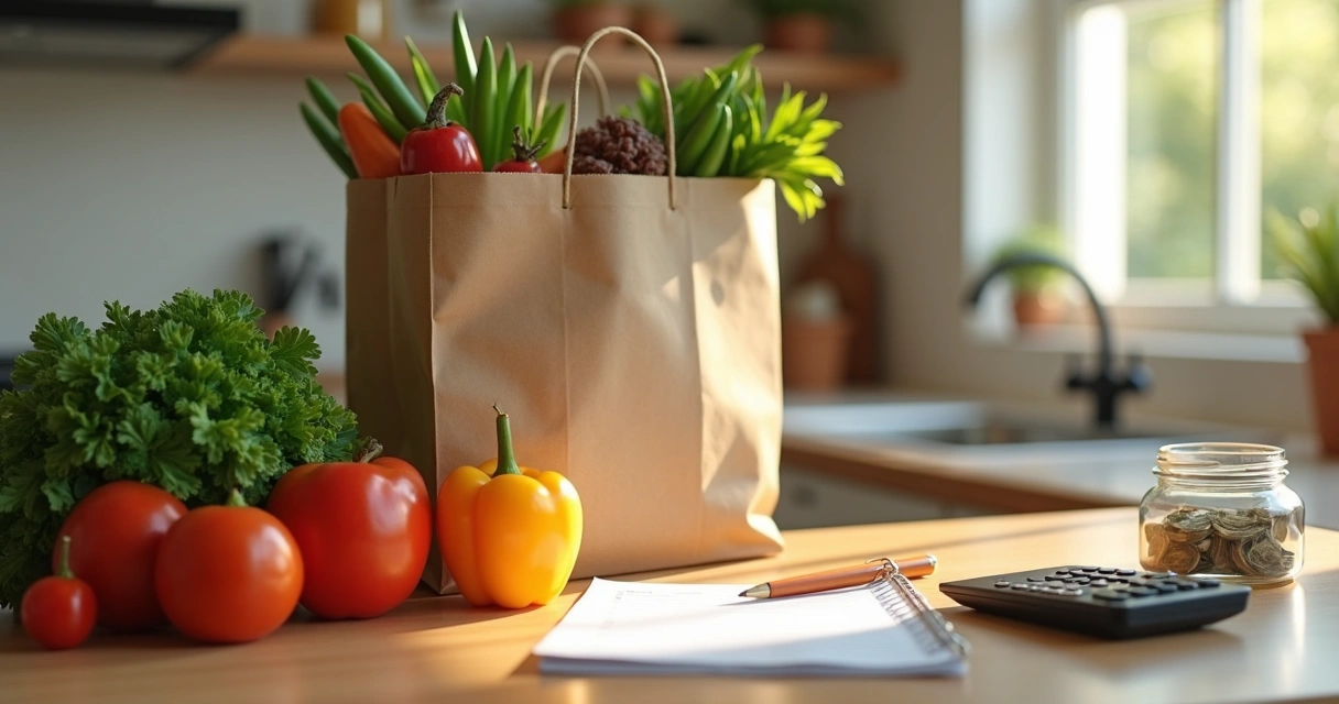Reusable bag, vegetables, and a handwritten shopping list on a counter 