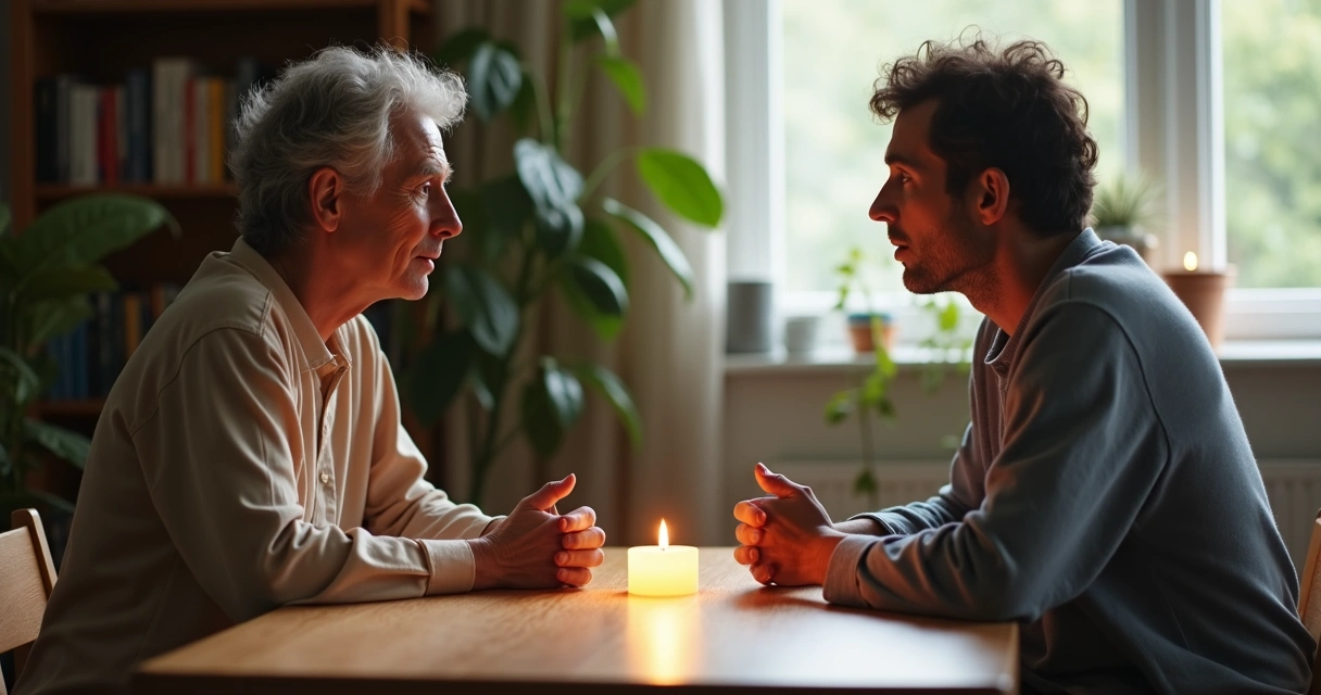 Two people in a calm conversation with a light between them 
