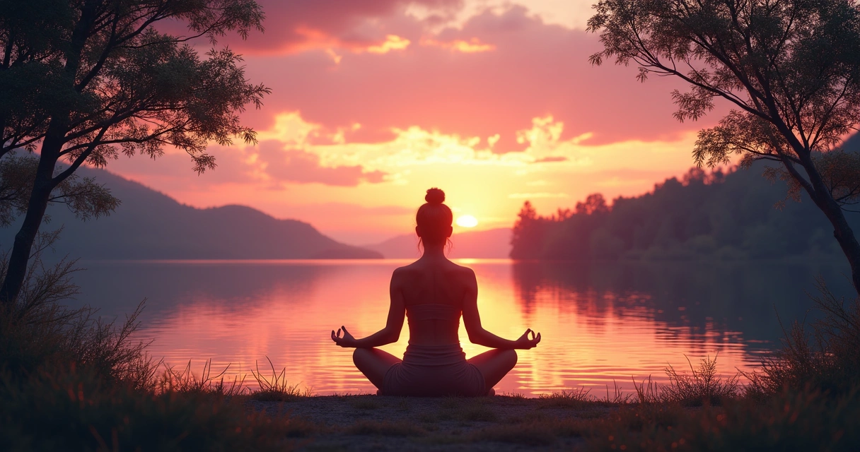 A person meditates in lotus position at sunset, surrounded by nature 