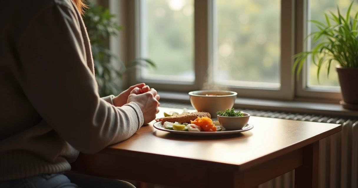 Person pausing before eating with tea and lunch in soft window light